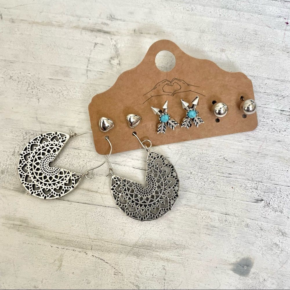 Silver tone Earring bundle - 3 post, 1 dangle